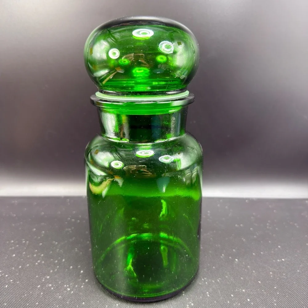 Vintage Emerald Green Glass Apothecary Jar Bubble Lid Made in Belgium 8.5